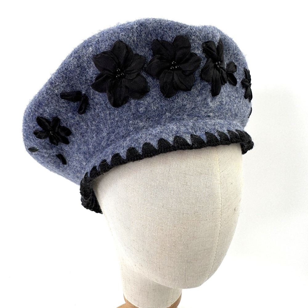 Vintage Louise Green Millinery Wool Embroidered Floral Ribbon Beaded Beret Hat